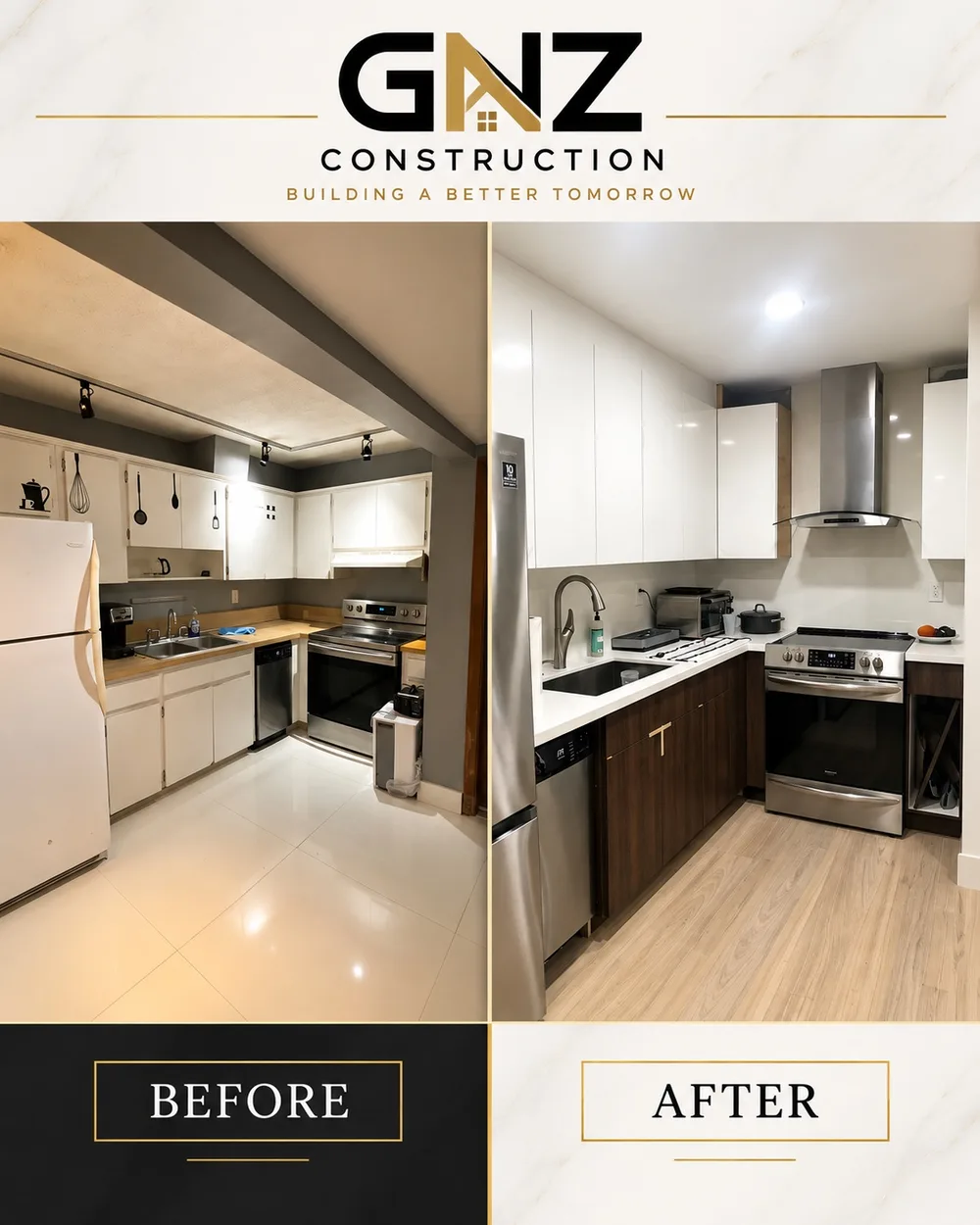 Kitchen remodel before and after by GNZ Construction